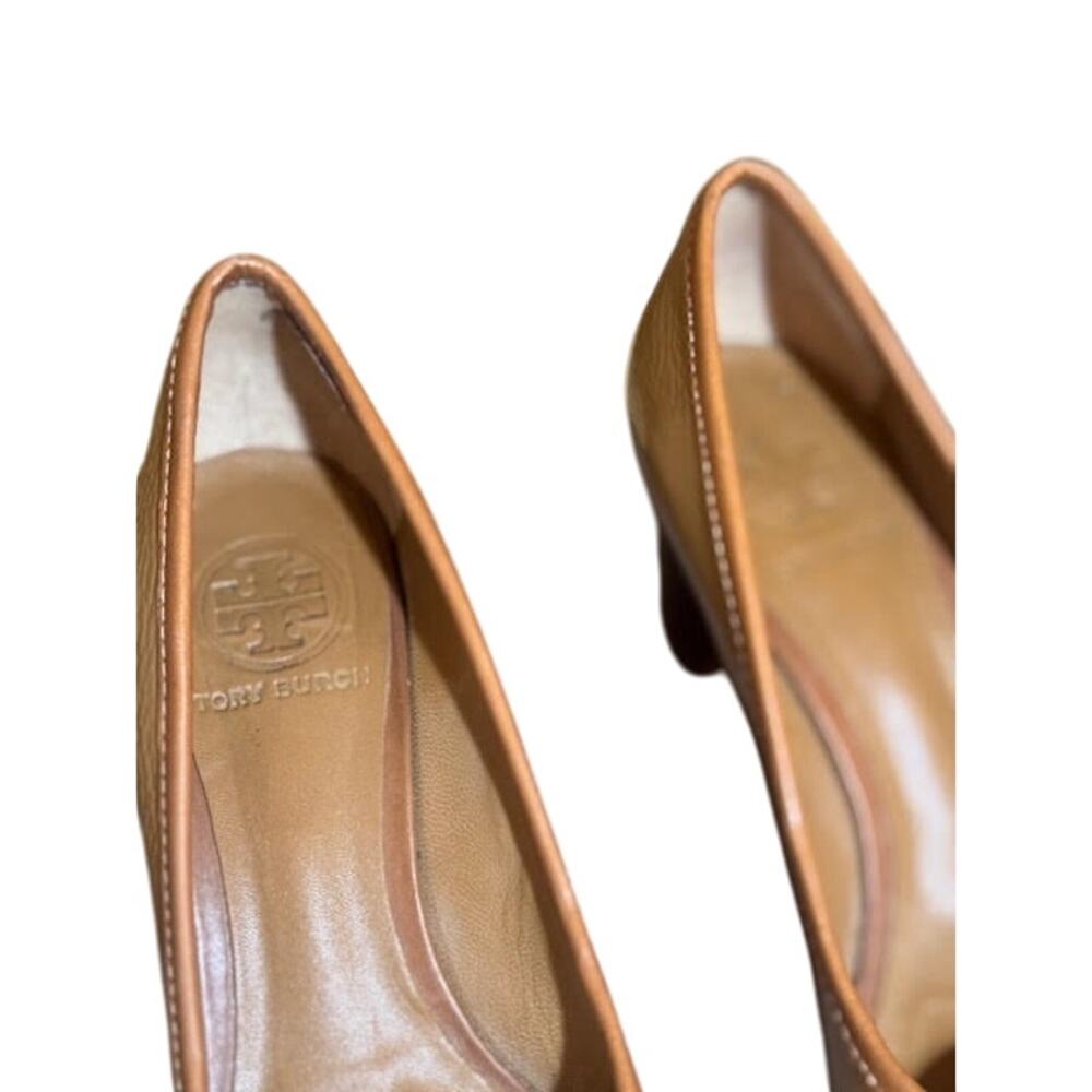 Women’s Tan Patent Leather Block Heel Pumps with Buckle Detail - Picture 3 of 10